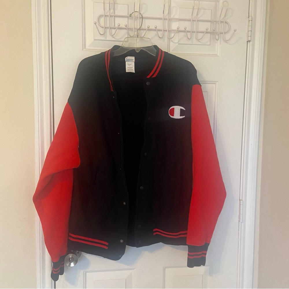 Red and black Reverse Weave Champion varsity jacket